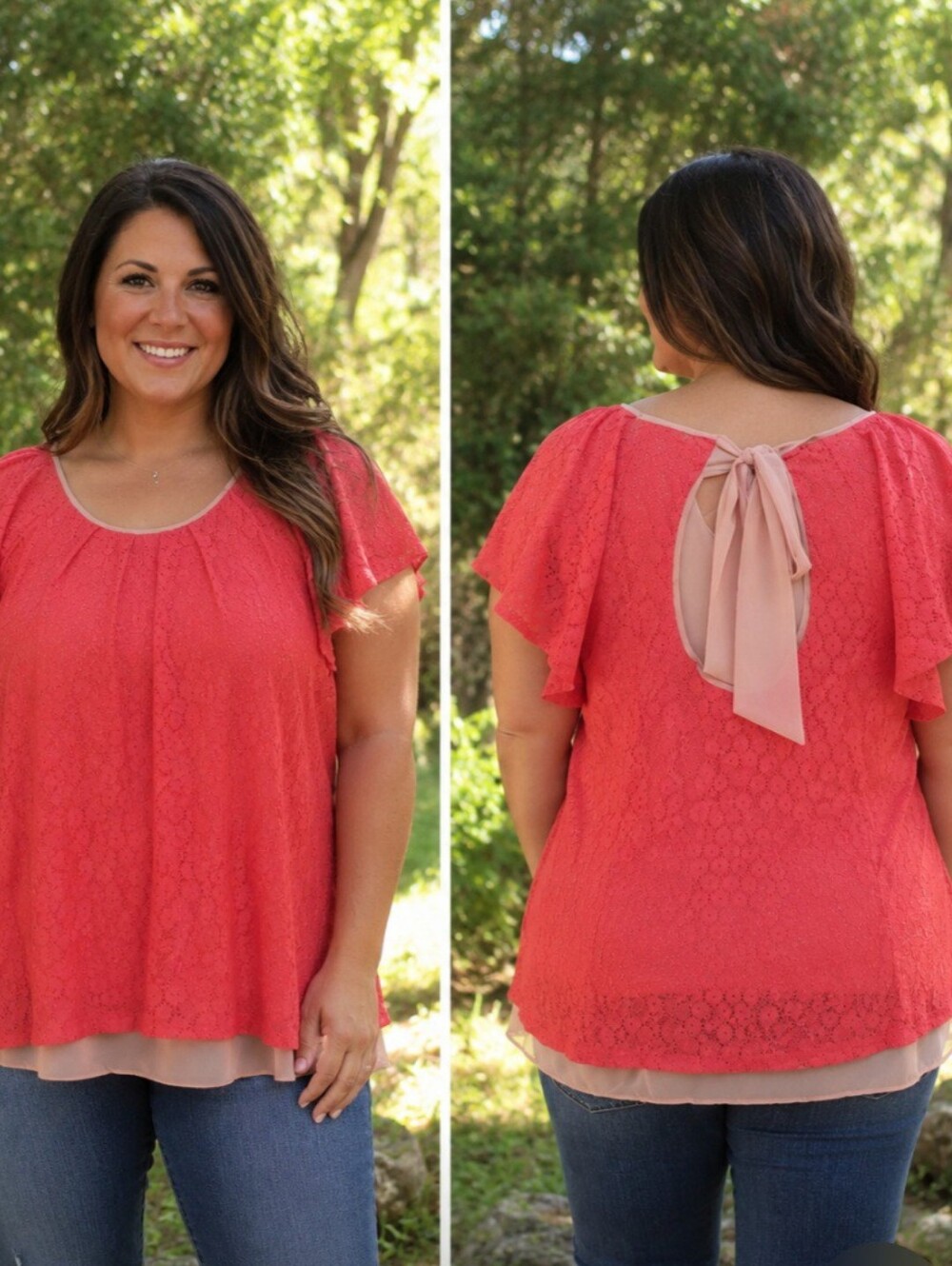 Ryu Coral Lace Overlay Flutter Sleeve Blush Back Tie Blouse NWT Large Feminine